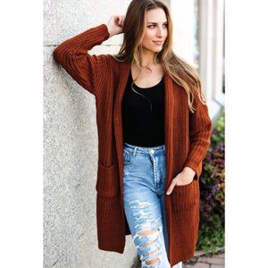 HYFVE Dottie Couture Chunky Knit Rust Cardigan Burnt Orange Fall Hooded Sweater